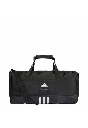 Bolsa de deporte negra con dos asas, correa de hombro ajustable y rayas verticales blancas. Hecha de un tejido duradero, con acentos de malla.