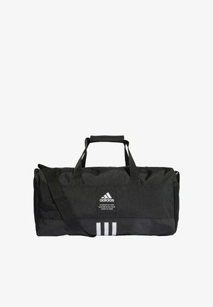 Bolsa de deporte negra con dos asas, correa de hombro ajustable y rayas verticales blancas. Hecha de un tejido duradero, con acentos de malla.