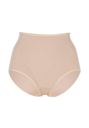 Biancheria intima beige a vita alta senza cuciture con cuciture rinforzate, progettata per una copertura completa e una vestibilità liscia.