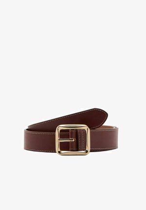 Brown leather belt with a gold rectangular buckle, featuring white stitching along the edges and a smooth texture.