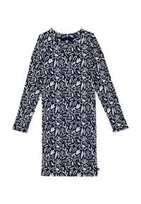 Langärmliges Kleid mit navy Hintergrund und weißen Blumenmuster, mit Rundhalsausschnitt und schmaler Passform. Hergestellt aus weichem, leichtem Stoff.