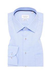 Lichtblauw, modern fit overhemd van textuurstof, met een spread collar, een knoopsluiting aan de voorkant en een manchetdetail met één knoop.