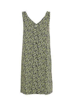 Melnas bezpiedurkņu kleitas ar V-veida kakla izgriezumu, kurai ir ziedu raksts zaļā un baltā krāsā. Izgatavota no viegla auduma ar brīvu piegriezumu.