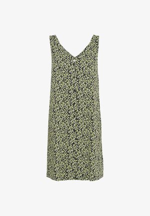 Musthave must suve märgiga must kleit V-kaelusega, millel on roheline ja valge lillemuster. Valmistatud kergest kangast, millel on mugav lõige.