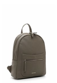 Compact grey textured leather backpack with front zippered pocket, top handle, and adjustable shoulder straps, standing upright.
