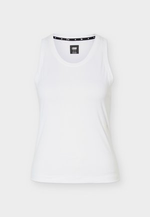 Hvit ermeløs atletisk tanktopp med rund halslinning og svart innvendig kragelapp med teksten "ciele athletics."