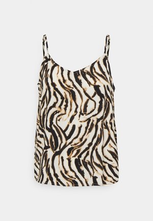 Top donna senza maniche con spalline sottili e motivo astratto animalier nero, marrone e beige su sfondo bianco.