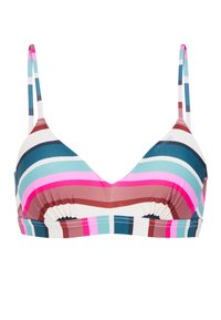 Daugiamačio bikinio viršus, papuoštas horizontaliomis rožinėmis, mėlynomis ir rudos spalvos juostelėmis. Minkšta medžiaga su reguliuojamomis petnešėlėmis ir V formos iškirpte.