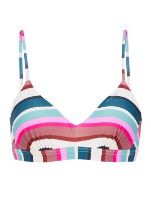 Väriä vaihtava bikinitoppi, jossa on vaaleanpunaisia, sinisiä ja ruskeita vaakaraitoja. Pehmeä kangas, säädettävät olkaimet ja v-muotoinen kaula-aukko.