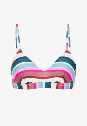 Väriä vaihtava bikinitoppi, jossa on vaaleanpunaisia, sinisiä ja ruskeita vaakaraitoja. Pehmeä kangas, säädettävät olkaimet ja v-muotoinen kaula-aukko.