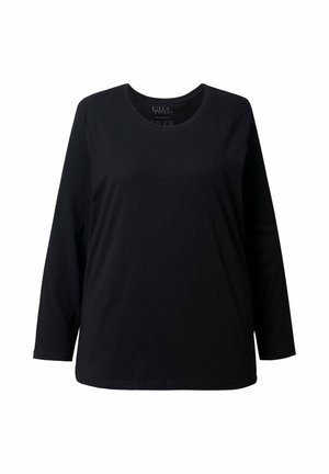 Zwarte langemouwen t-shirt in een zachte, gladde stof met een ronde hals en een relaxed fit. Heeft geen patronen of accenten.