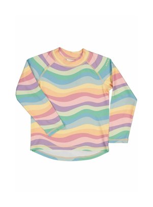 Langærmet svømmetøj lavet af strækbart stof, prydet med pastel bølgede striber i farver som pink, gul, blå og grøn, med en rund halsudskæring.