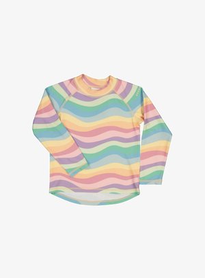 Long-sleeve swim shirt made of stretchy fabric, featuring pastel wavy stripes in colors like pink, yellow, blue, and green, with a round neckline.