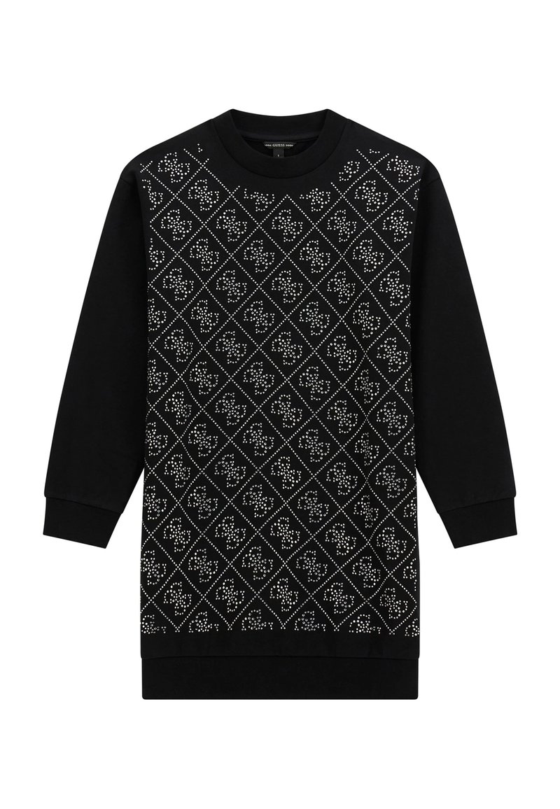 Robe sweat noire avec manches longues, présentant un motif en diamant composé de clous en argent sur le devant et un dos noir uni.