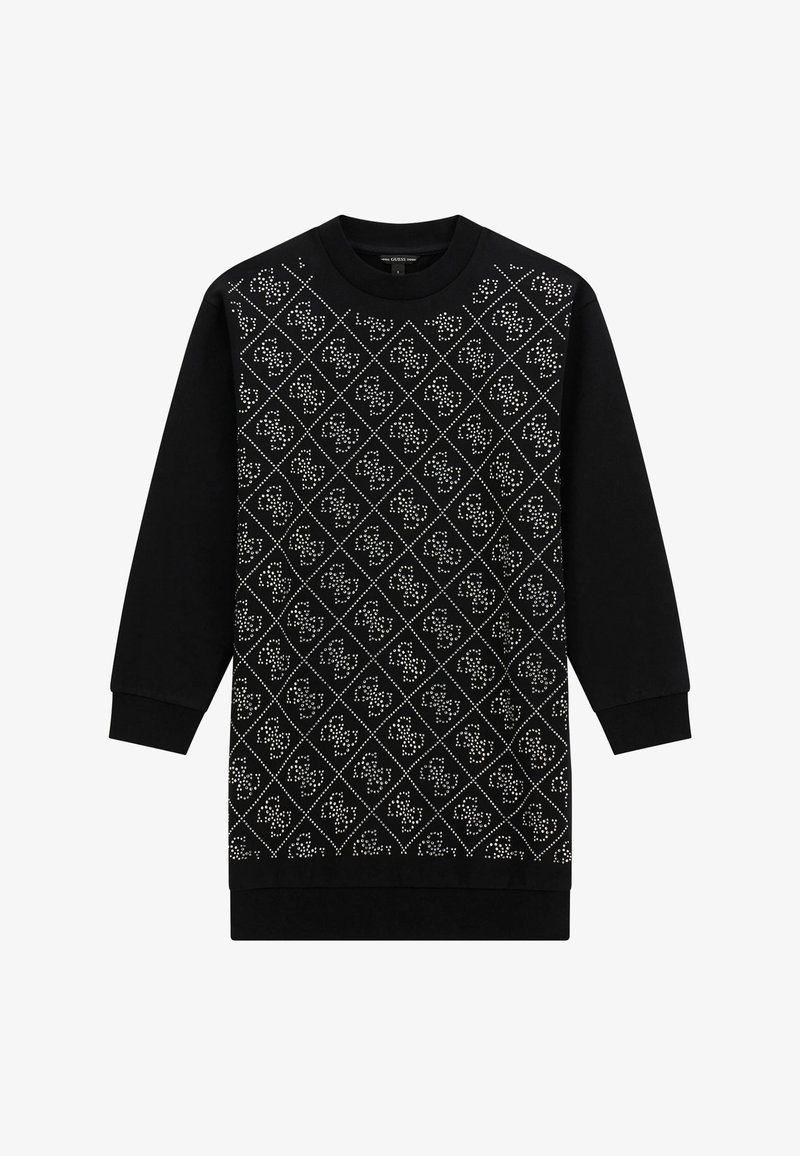 Schwarzes Sweatshirt-Kleid mit langen Ärmeln, das an der Vorderseite ein Diamantmuster aus silbernen Nieten und auf der Rückseite einen einfarbigen schwarzen Stoff aufweist.