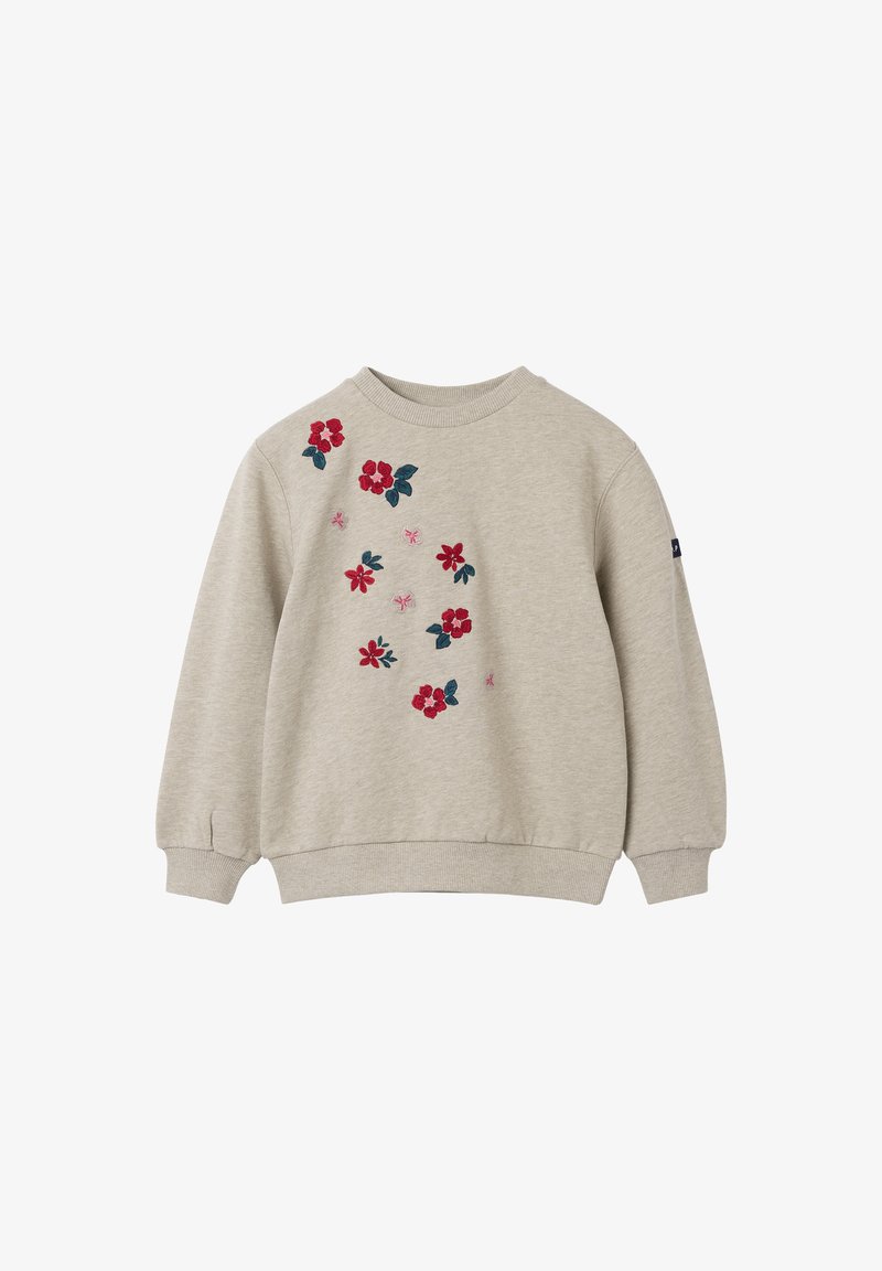Lichtgrijze trui met lange mouwen, geribbelde halslijn en bloemenborduursels in rood, roze en groen over de voorkant.