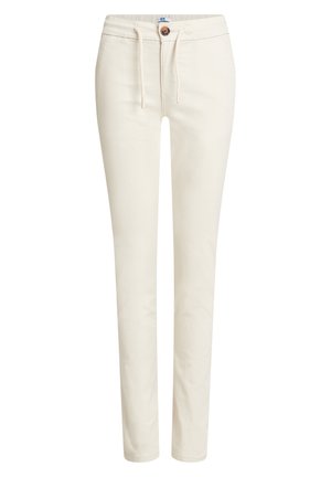 Schlanke Hosen in Cremefarbe mit elastischem Bund, Kordelzug, Knopfverschluss und Vordertaschen, auf weißem Hintergrund dargestellt.