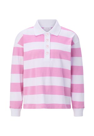 Polo majica z dolgimi rokavi z širokimi roza in belimi vodoravnimi črtami, belim ovratnikom, štirimi gumbi in belimi manšetami.