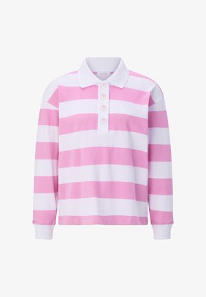 Pikkade varrukatega polosärk, millel on laiad roosad ja valged horisontaalsed triibud, valge krae, neli nööpi ja valged mansetid.