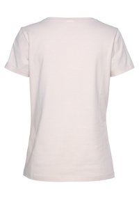 Camiseta de manga corta de color beige claro con cuello redondo, hecha de un tejido de algodón suave, que presenta un diseño sencillo y sin patrones ni acentos visibles.