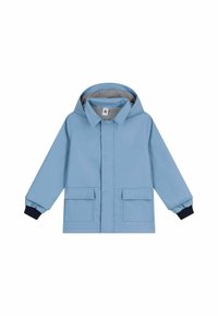 Blauwe waterdichte jas met capuchon, voorzien van twee voorkruiken, zwarte manchetten en gestreepte voering. Soepele textuur, casual ontwerp.