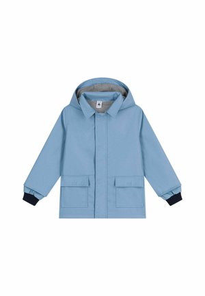 Veste imperméable bleue avec capuche, comportant deux poches avant, poignets noirs et doublure rayée. Texture lisse, design décontracté.