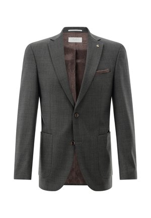 Grau strukturierter Blazer mit Reverskragen, zwei Vordertaschen und braunem Innenfutter mit einem dezenten Muster. Drei-Knopf-Verschluss.