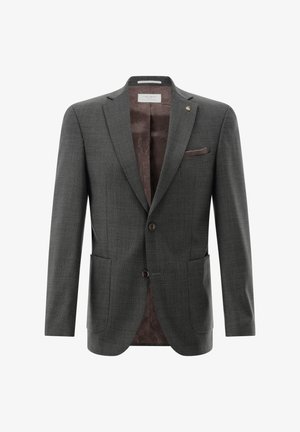 Grau strukturierter Blazer mit Reverskragen, zwei Vordertaschen und braunem Innenfutter mit einem dezenten Muster. Drei-Knopf-Verschluss.