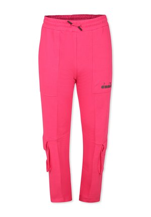 Pantaloni jogger rosa realizzati in tessuto morbido, caratterizzati da una vita elastica con coulisse, due tasche laterali e dettagli decorativi in tessuto.