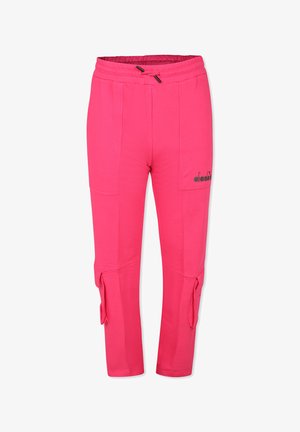 Pantaloni jogger rosa realizzati in tessuto morbido, caratterizzati da una vita elastica con coulisse, due tasche laterali e dettagli decorativi in tessuto.