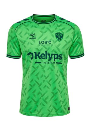 Camiseta de fútbol de manga corta en verde brillante con patrón geométrico oscuro, logo de ASSE, nombres de patrocinadores y ribete oscuro en el cuello y las mangas.