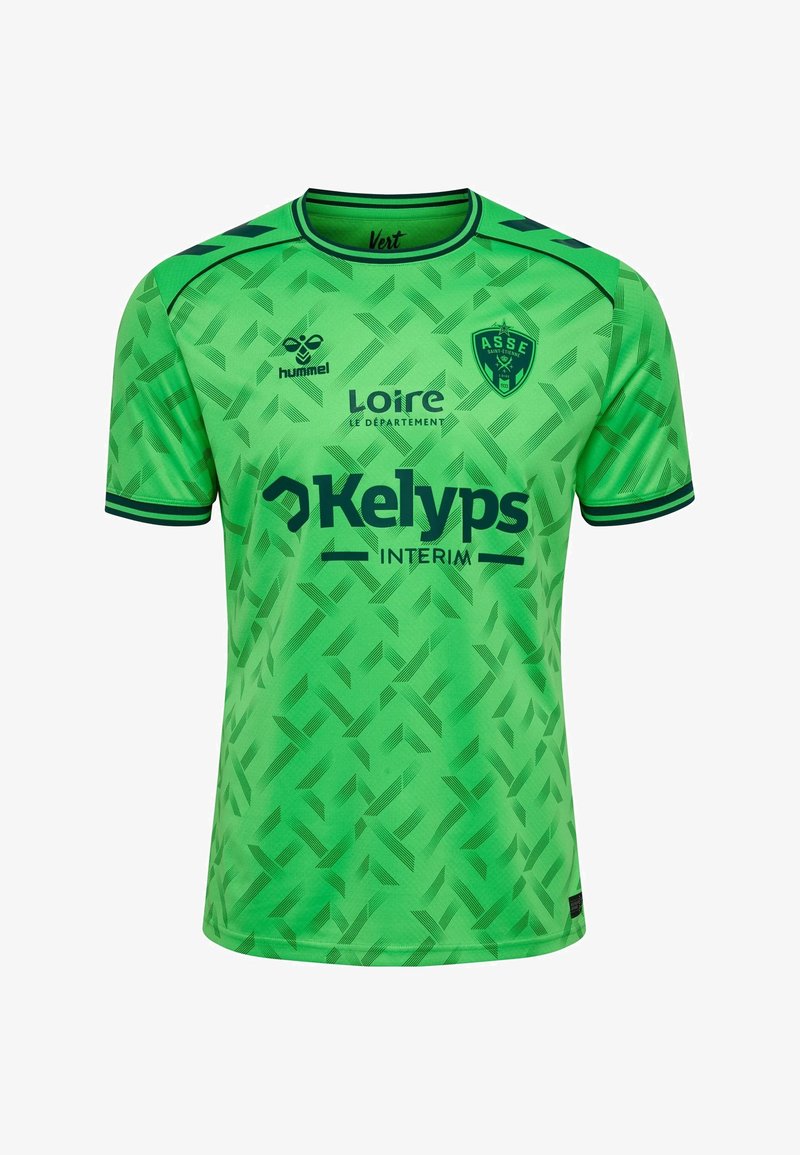 Camiseta de fútbol de manga corta en verde brillante con patrón geométrico oscuro, logo de ASSE, nombres de patrocinadores y ribete oscuro en el cuello y las mangas.