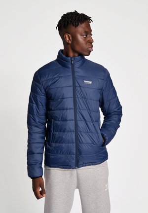 Dunkelblau gesteppte, isolierte Daunenjacke mit horizontaler Naht, Stehkragen und Reißverschluss. Logo auf der oberen linken Seite.