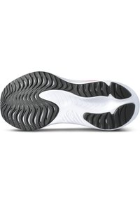 Czarno-biała podeszwa buta sportowego z falistym wzorem bieżnika, gładką białą śródpodeszwą oraz subtelnymi teksturowanymi akcentami w kolorze czarnym.