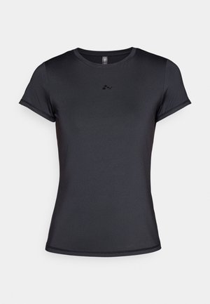 Black short-sleeve t-shirt made of smooth, breathable fabric featuring a minimal logo design on the front. Classic crew neckline.