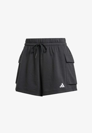 Zwarte sportshorts van zacht materiaal. Voorzien van een trekkoord in de taille, zijzakken en een wit logo aan de onderzijde aan de linkerkant.