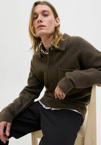 Brown wool cardigan with a collar, button closure, and ribbed cuffs. Notable front pocket and layered over a striped shirt.