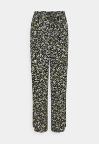Pantalones florales negros con cintura elástica, que presentan pequeños patrones de flores moradas y verdes, corte relajado y diseño de pierna recta.
