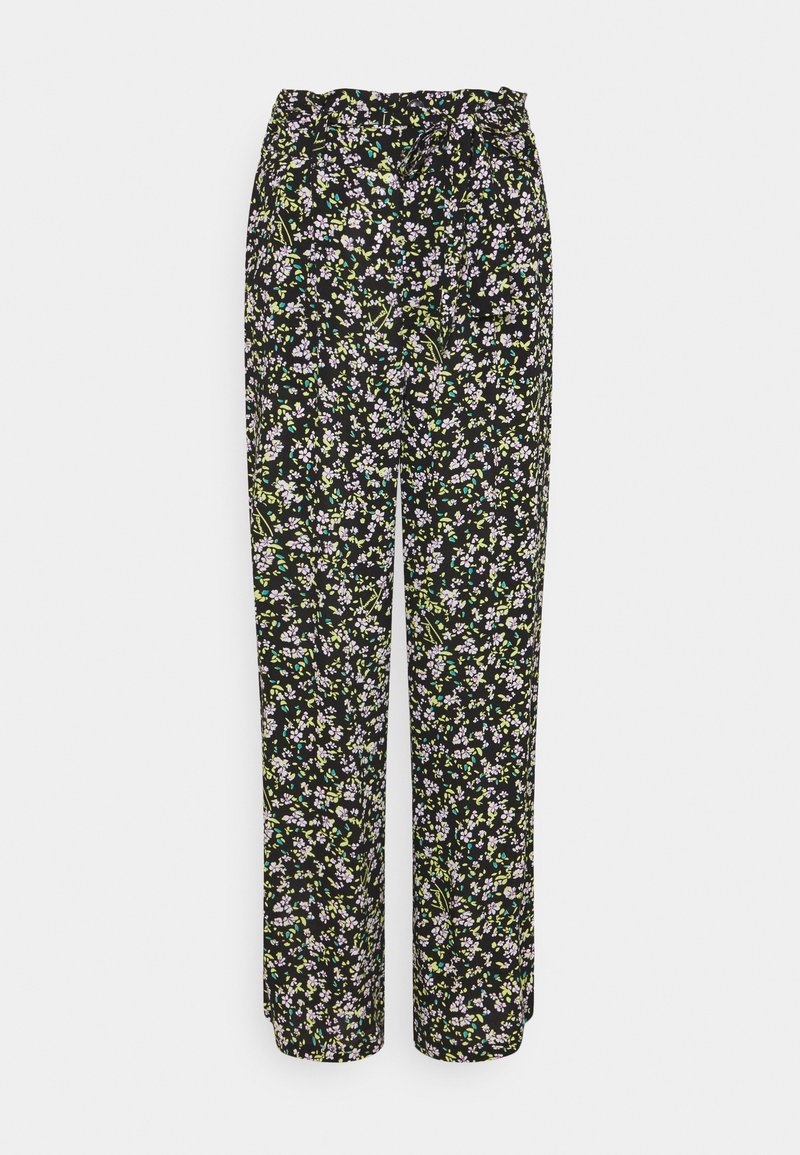 Pantalones florales negros con cintura elástica, que presentan pequeños patrones de flores moradas y verdes, corte relajado y diseño de pierna recta.