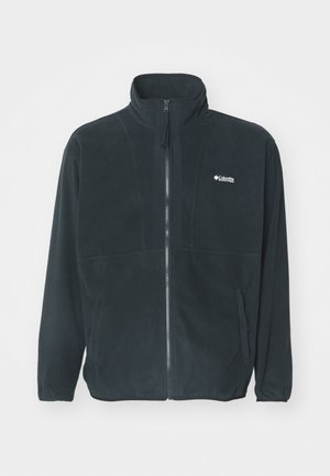 Veste en polaire noire avec un col haut, fermeture éclair à l'avant et deux poches latérales. Comprend un logo discret sur la poitrine.