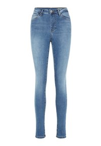 Vaqueros ajustados de denim azul claro, con cintura alta, bolsillos frontales y costuras clásicas. Textura suave con un mínimo desgaste.