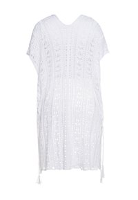 Weißes gehäkeltes Überkleid mit kurzen Ärmeln, das ein strukturiertes Offene-Strickmuster, seitliche Kordelzugakzente und einen lockeren Schnitt aufweist.