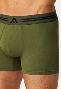 Green boxer briefs made from stretchy fabric, featuring a black waistband with two horizontal stripes and a snug fit.