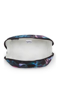 Kipling penalhus, sort med farverigt blomstermønster, lynlåslukning og hvid indvendig. Kompakt design, glat stofstruktur.