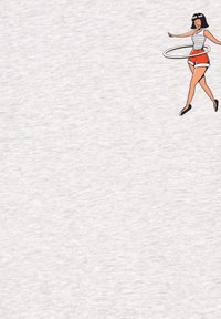 Graphique représentant un personnage de dessin animé avec des cheveux noirs courts, portant un haut rayé et un short rouge, faisant du hula-hoop sur un fond texturé gris clair.