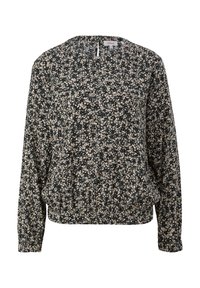 Blouse noire à manches longues avec petit imprimé floral beige et blanc, col rond et ourlet et poignets élastiqués.