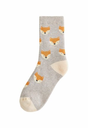 Grau Baumwollsocke mit einem ganzflächigen Fuchshead-Muster in Orange und Creme, mit einer einfarbigen Creme-Ferse und -Zehen.