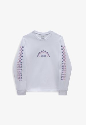 T-shirt blanc à manches longues en coton, présentant un motif à damier multicolore sur les manches et un design arc-en-ciel avec le logo "VANS" sur la poitrine.