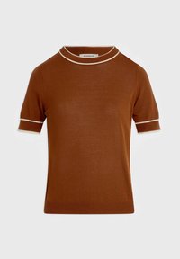 Maglione corto a maniche corte marrone con scollatura tonda, caratterizzato da un bordo bianco a contrasto lungo il colletto e i polsini delle maniche.
