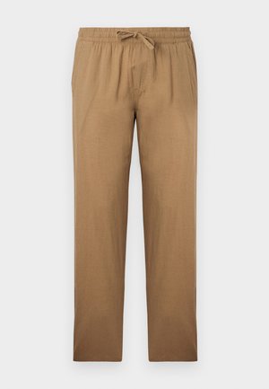 Ανοιχτοκαφέ, φαρδιά παντελόνια φτιαγμένα από έναν λείο ύφασμα. Διαθέτουν ελαστική ζώνη μέσης με κορδόνι και ίσια γραμμή.